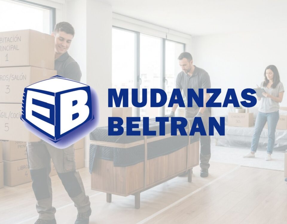 Profesionales realizando una mudanza económica y trasladando cajas y muebles protegidos en una vivienda.